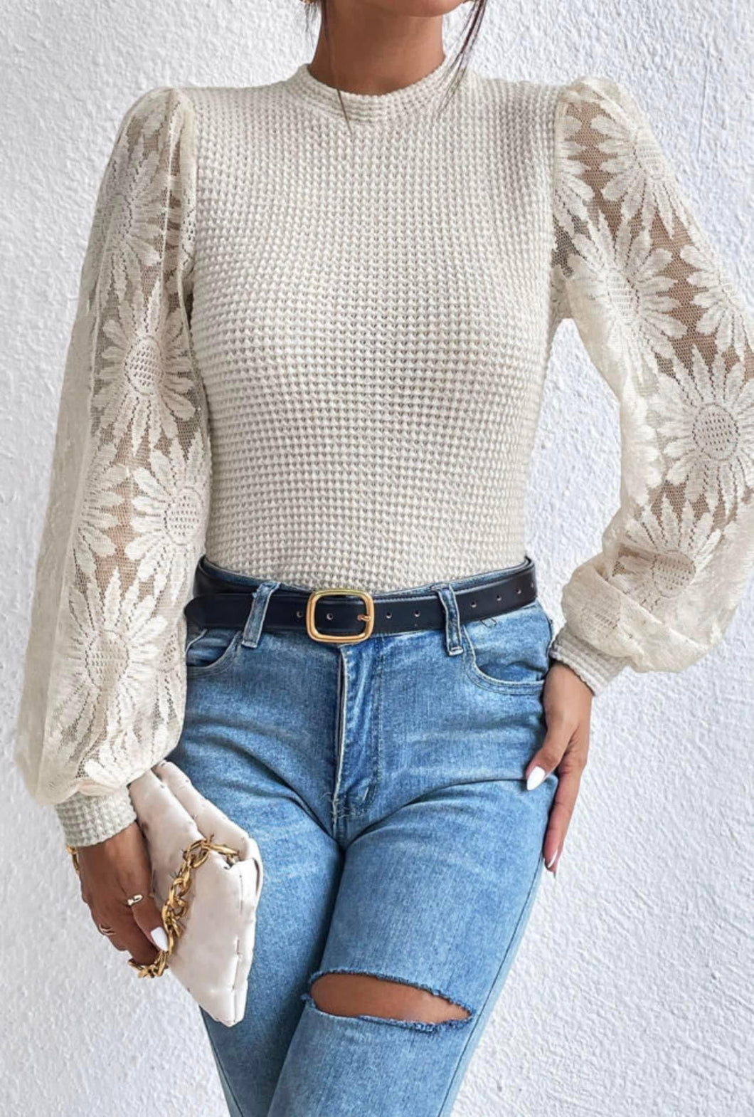 Cream Lace Sleeve Waffle Knit Top