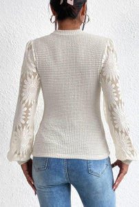 Cream Lace Sleeve Waffle Knit Top