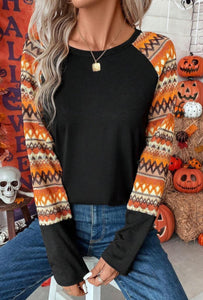 Black with Orange Mixed Print Sleeves Top