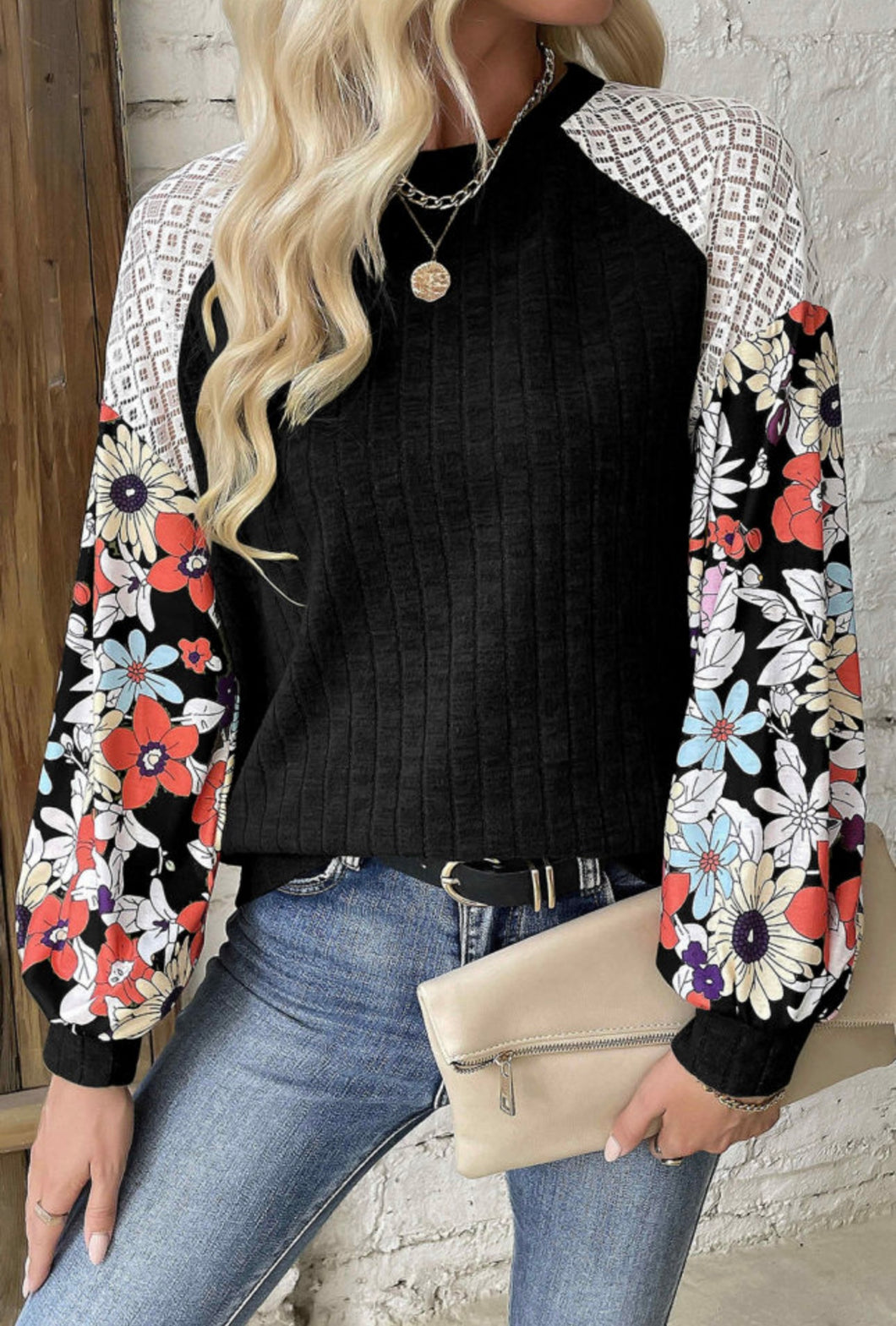 Black Floral Sleeve Top