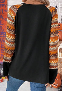 Black with Orange Mixed Print Sleeves Top