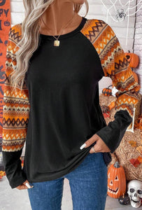 Black with Orange Mixed Print Sleeves Top