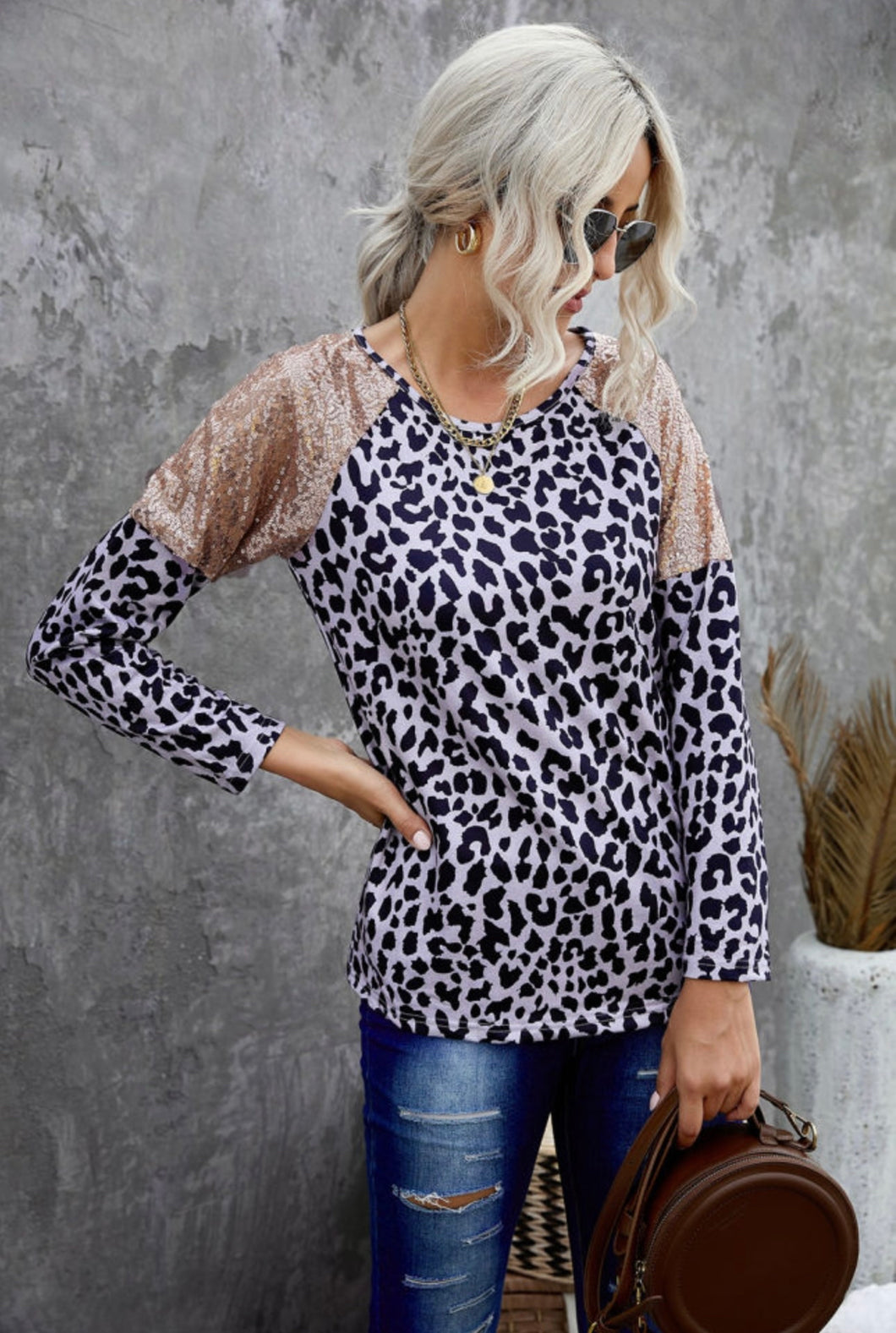Sequin Shoulder Leopard Top