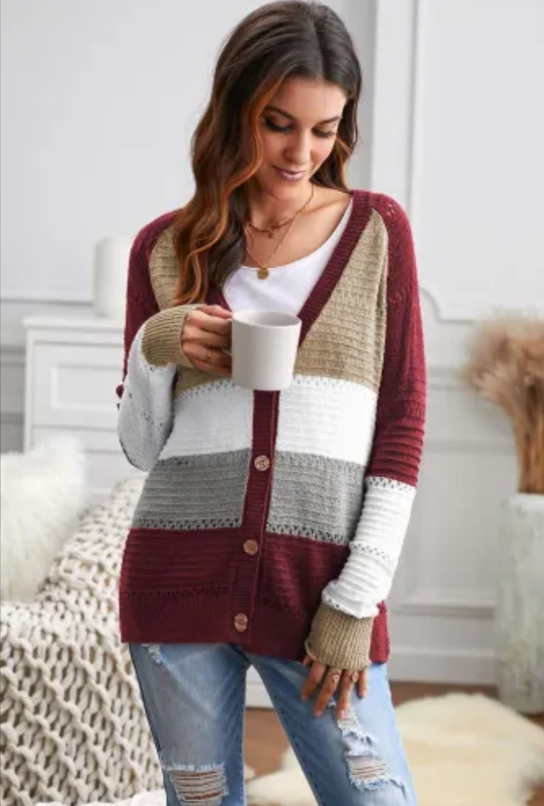 Red VNeck Colorblock Cardigan