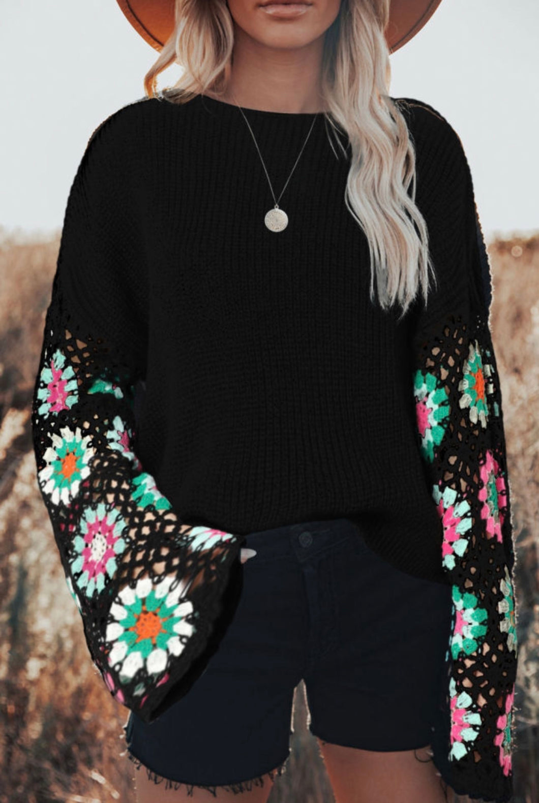 Black Crochet Sleeve Top