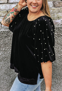 Black Velvet Pearl Sleeve Top