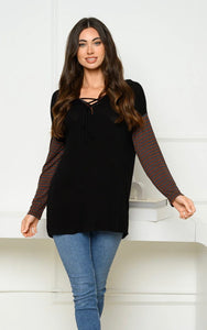 Stripe Sleeve Lace Up Top