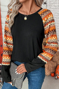 Black with Orange Mixed Print Sleeves Top