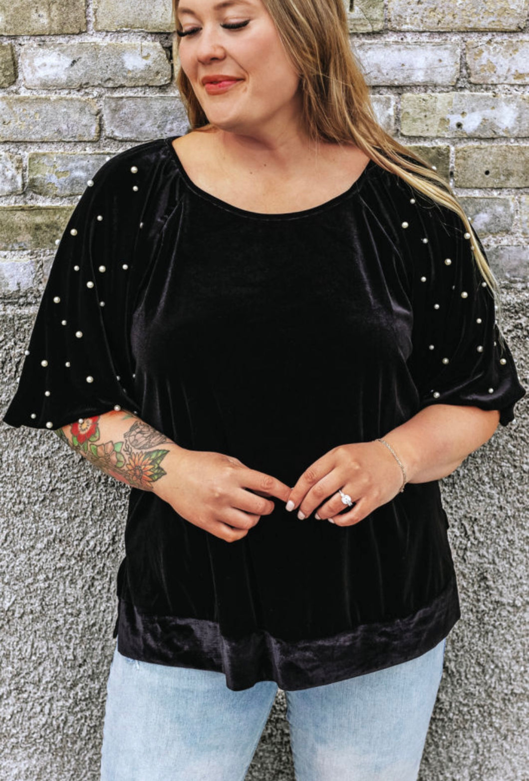 Black Velvet Pearl Sleeve Top