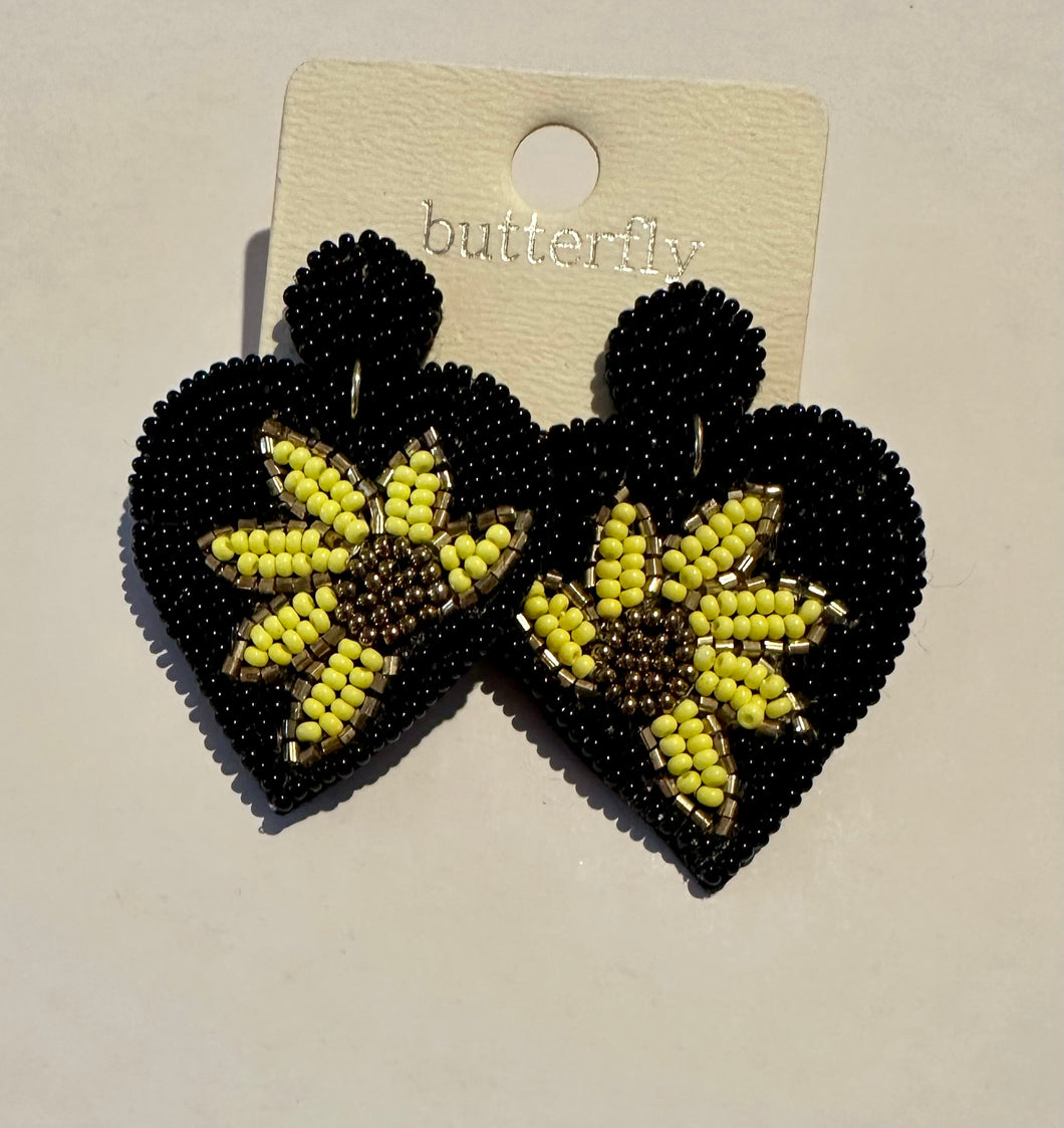 Black Sunflower Heart Seed Bead Earrings