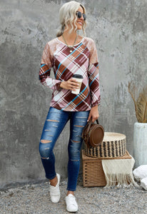 Sequin Shoulder Plaid Long Sleeve