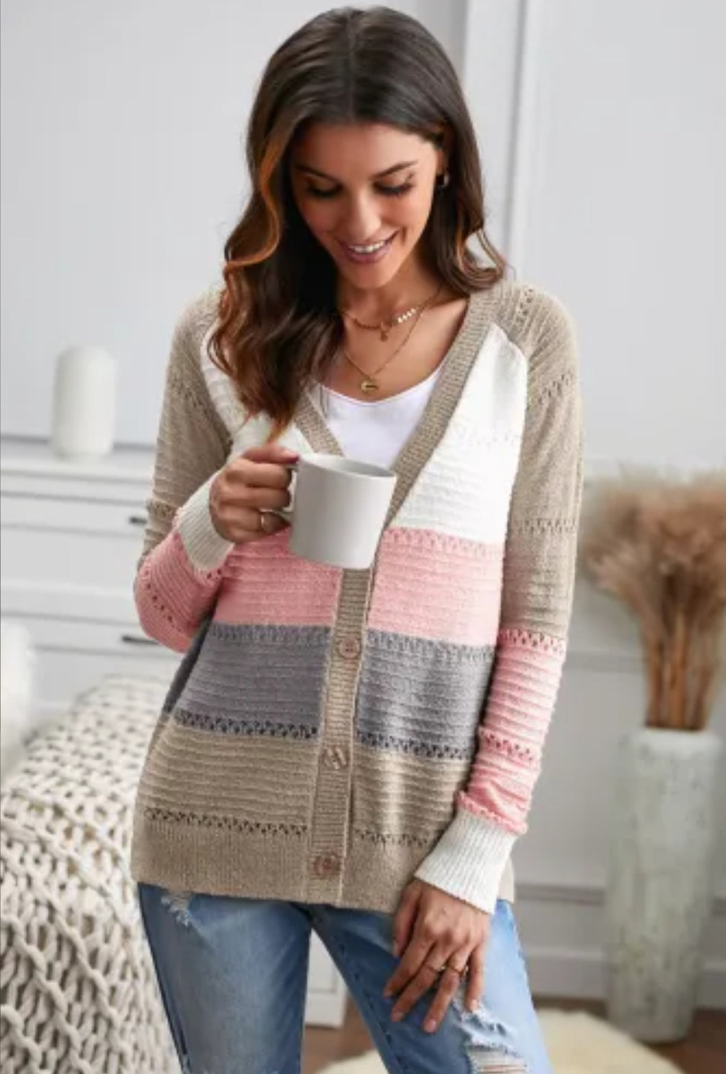 Pink and Neutrals Colorblock Cardigan