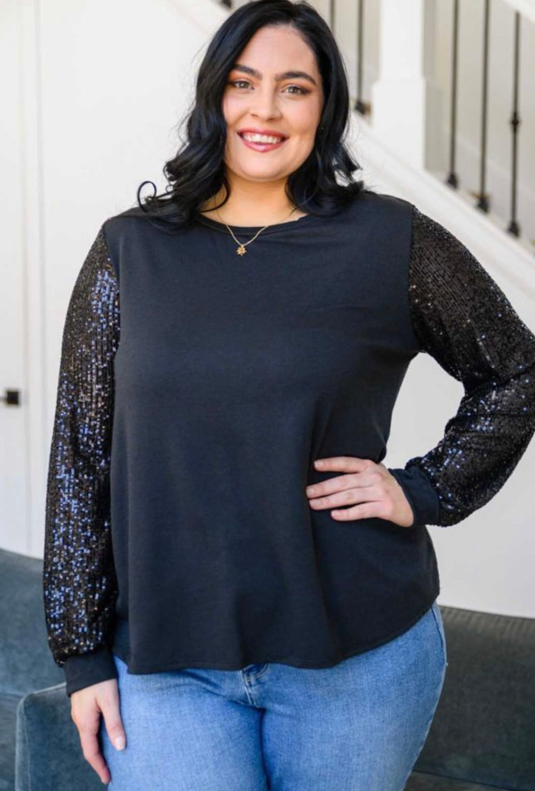 Black Sequin Sleeve Top