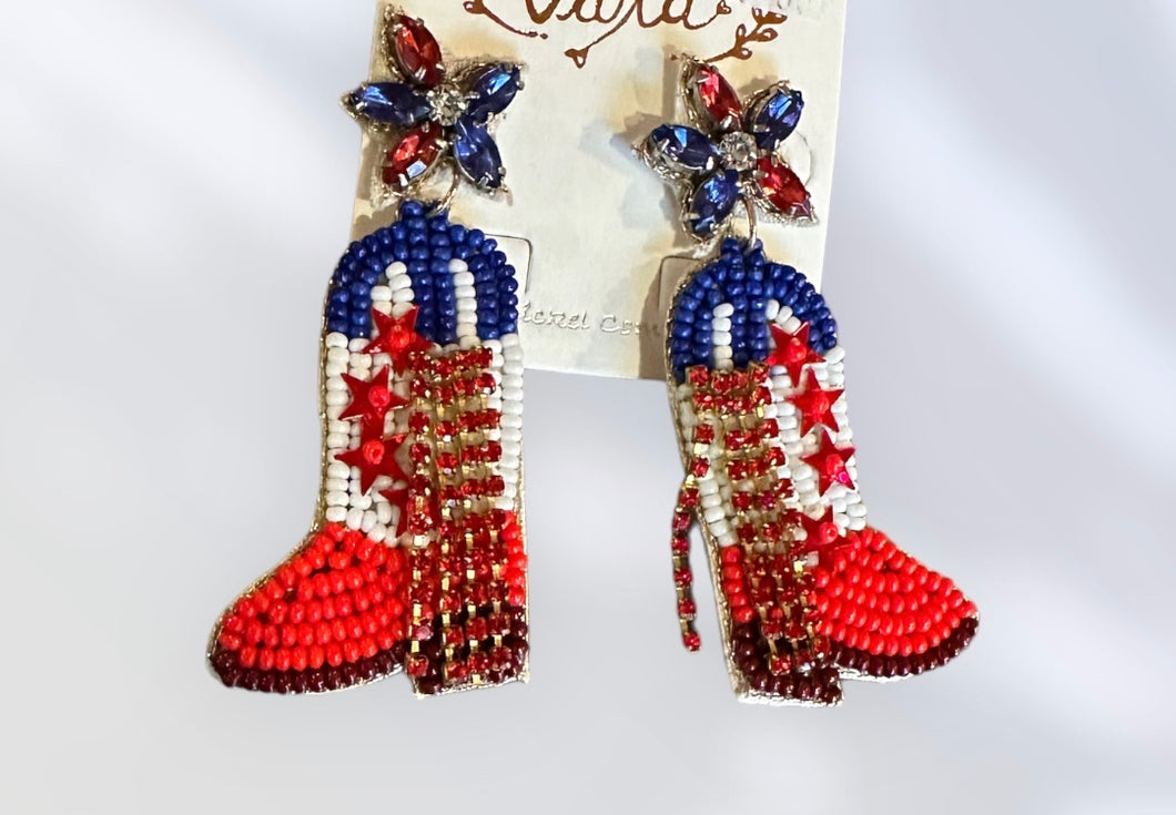 Seed Bead and Rhinestone Cowboy Boot Earrings