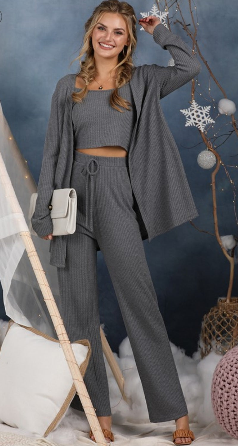 3 Piece Waffle Knit Lounge Set - Charcoal