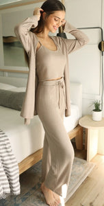 3 Piece Waffle Knit Lounge Set - Tan