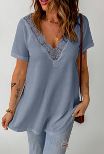 Blue Lace Waffle Knit Top