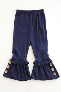 Navy Ruffle Pants With Button Accents