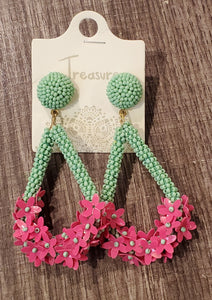 Seafoam & Pink Floral Beaded Earrings