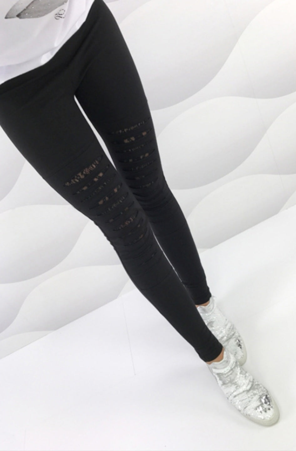 Lace Accent Distressed Leggings