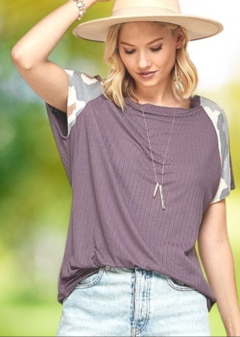 Lavender Knit Accent Sleeve Top