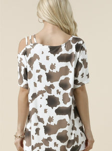Cow Print Accent Shoulder Top