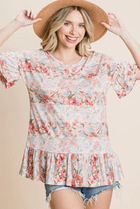 Floral Stripe Ruffle Accent Top