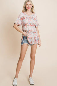 Floral Stripe Ruffle Accent Top