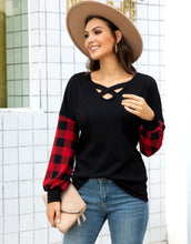 Load image into Gallery viewer, Cross Neck Buffalo Plaid Sleeve Top
