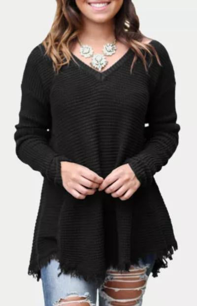V Neck Waffle Knit Distressed Sweater