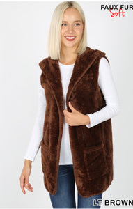 Fur Sweater Vest with Hood Brown