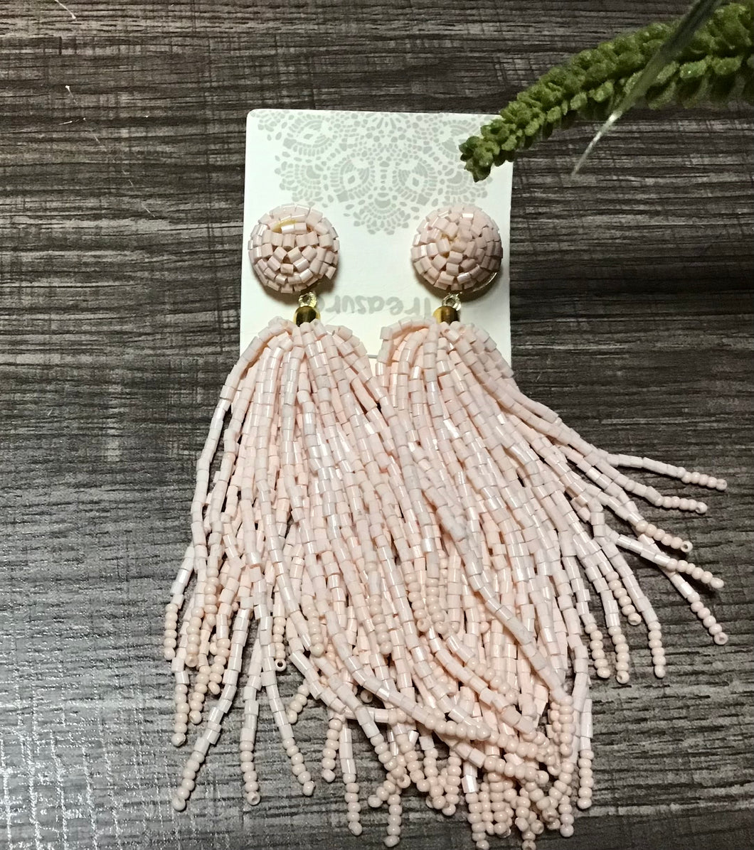 Light Pink Beaded Tassel Earrings