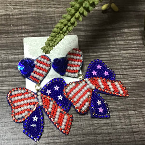 Red White and Blue Bow Seed Bead Earrings