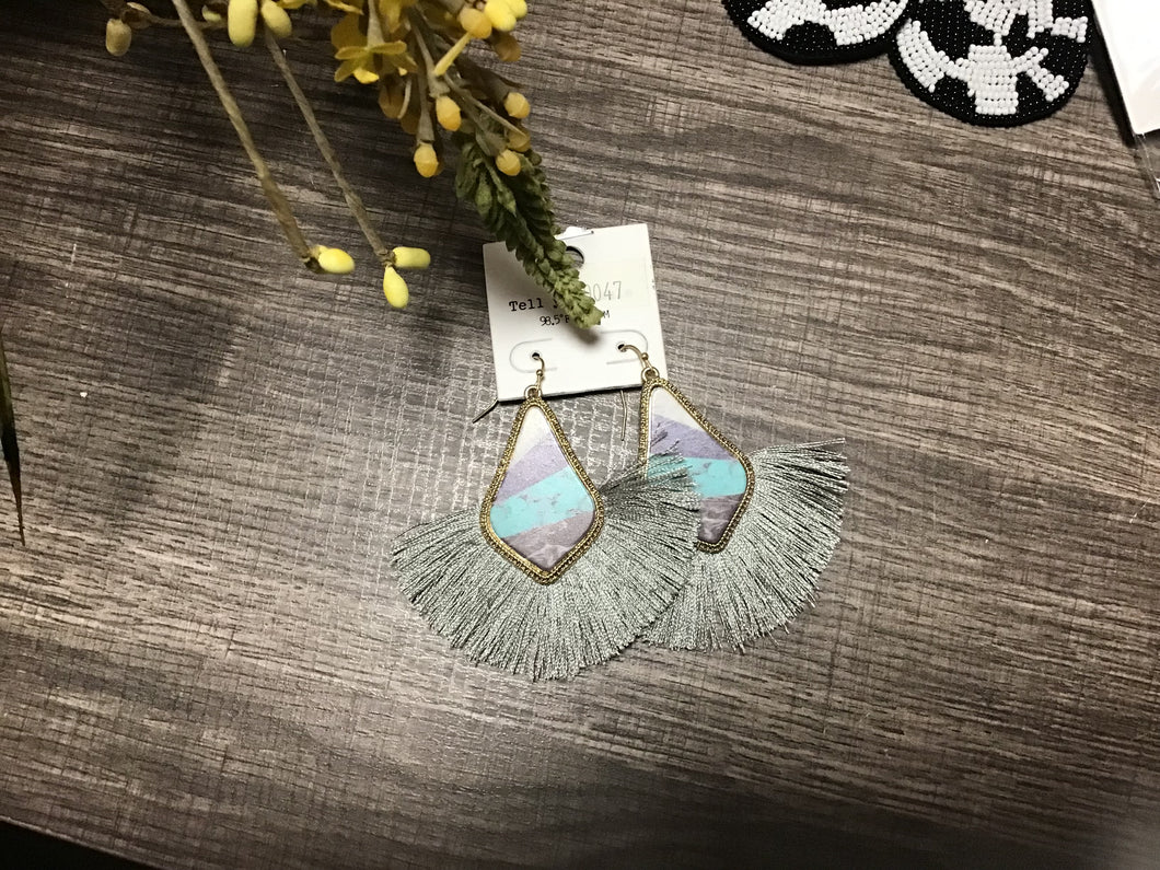 Grey & Teal Accent Marble Tassel Earrings