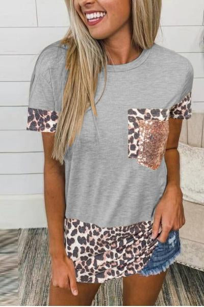 Leopard Print Sequin Pocket Top