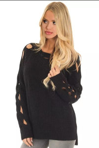 Black Distressed Sweater with Hollowed Sleeve