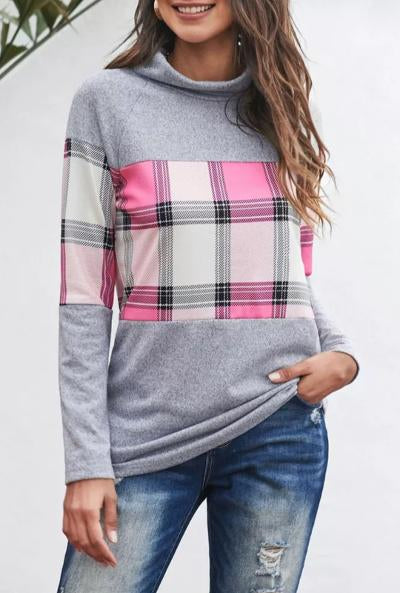 Gray Cowl Neck Pink Plaid Accent Top