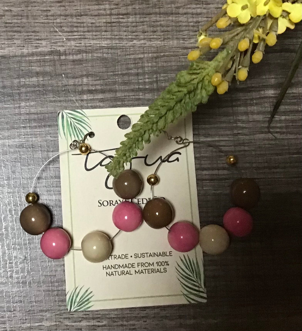 Brown Tone and Pink Beaded Hoops